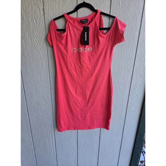 Bebe logo rhinestone  t shirt dress  y2k 90's strappy cold shoulder size large - Picture 1 of 5
